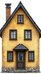 Fototapeta premium Charming yellow house with dark roof and wooden accents showcased on a clear day in a serene neighborhood setting. Generative AI