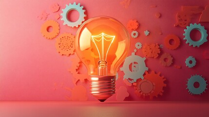 Creative business concept with lightbulb, gears, and charts, representing branding and goals in a flat design, no face, sleek style.