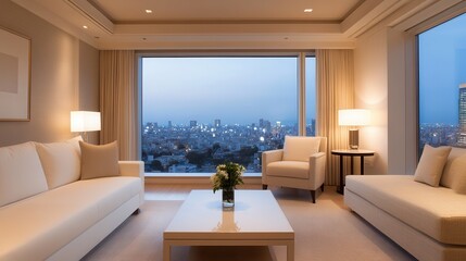 Fototapeta premium Luxury hotel interior with exclusive lighting Modern living room with city view at dusk.