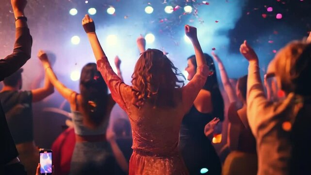 Into the Night: A vibrant and energetic crowd dances with abandon under a dazzling display of colorful lights at a lively event, capturing the euphoria and shared joy of the moment. 