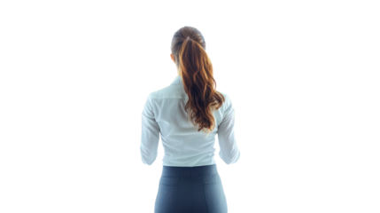 A professional woman standing with her back to the camera, wearing a light shirt and dark pants, ready to engage in a work environment.