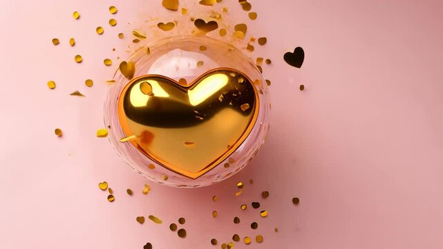 A shiny heart-shaped decoration is placed in a delicate bowl, surrounded by scattered golden confetti on a soft pink background. This setting radiates warmth and joy, perfect for special occasions