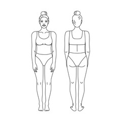 Female line drawing croquis for flat fashion sketches and CADs. Vector mannequin design. Fit normostenic female figure in lingerie. 