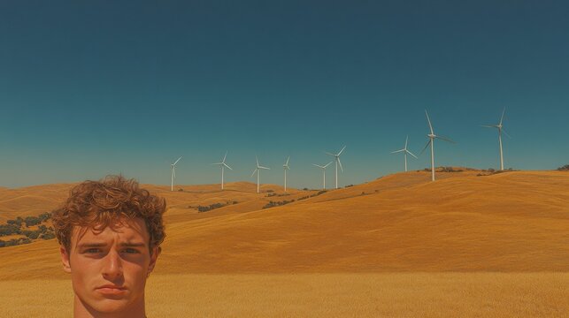 Young Man in Golden Field with Wind Turbines in Background
