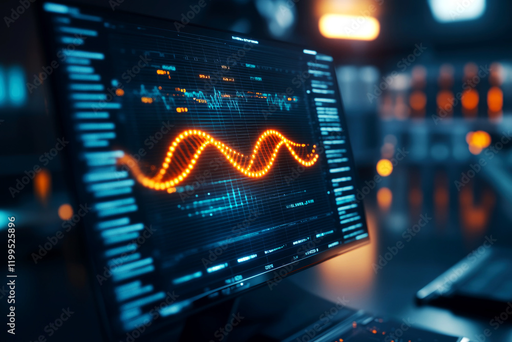 Poster dna analysis in a high-tech laboratory real-time data visualization of genetic research modern envir