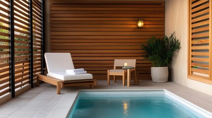 Fototapeta premium Luxury hotel interior with exclusive lighting Modern spa area with a private pool and cozy lounge chair.