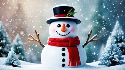 Whimsical snowman with red scarf in sparkling winter wonderland