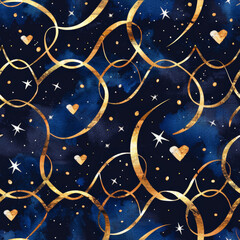 Naklejka premium Seamless Elegant watercolor pattern featuring golden swirls and hearts on dark blue