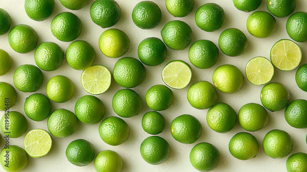 Poster fresh limes arranged in an artistic display highlighting their vibrant colors and textures on a clea