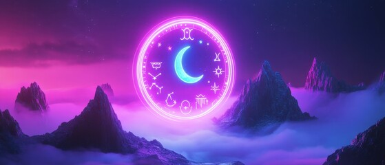 Fototapeta premium Celestial landscape featuring a glowing moon and mystical symbols in a vibrant purple atmosphere