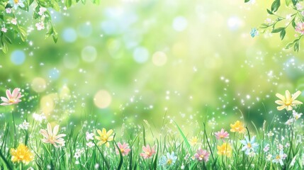 Fototapeta premium Spring background with dew-covered grass and scattered wildflowers