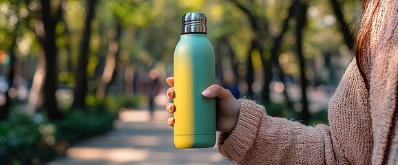 Woman's hand holding a stylish two-toned water bottle outdoors.