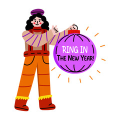 A flat sticker of a character holding a decorative bauble with new year typography