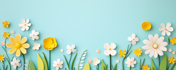 Hello April pastel, Bright and cheerful pastel meadow with colorful flowers and green leaves