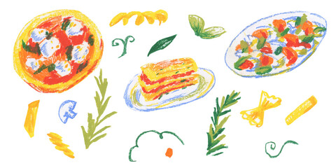 Clip art Italian food drawn with wax crayons on white isolated background. Children's food collection of oil pastel illustrations. Designs for greeting cards, stickers, social media, posters.