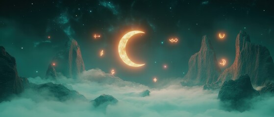 Fototapeta premium Celestial landscape featuring a glowing moon and mystical symbols in a vibrant purple atmosphere