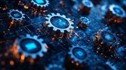 Business process automation concept with gears and icons on a digital background, illustrating efficiency, innovation, and modern business solutions.