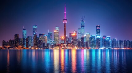 Vibrant Cityscape at Night with Reflections