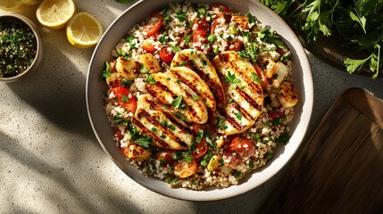 Grilled halloumi salad with couscous, tomatoes, and herbs.