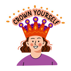 A flat sticker of a woman with crown yourself typography