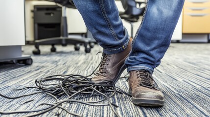 Clumsy office worker stumbles over cable and falls to the floor, illustrating the concept of workplace accidents and the need for insurance compensation coverage in the office environment