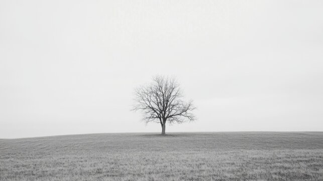 Solitary bare tree on a foggy field.