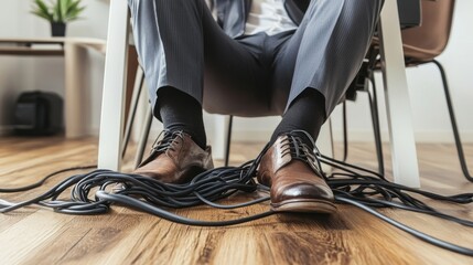 Clumsy office worker stumbles over cable and falls to the floor, illustrating the concept of workplace accidents and the need for insurance compensation coverage in the office environment