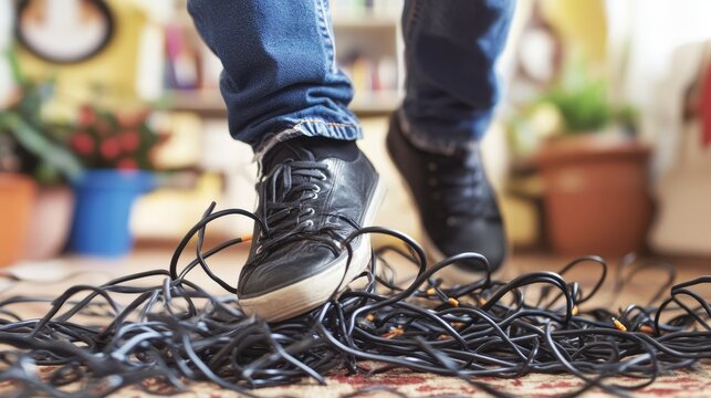 Clumsy office worker stumbles over cable and falls to the floor, illustrating the concept of workplace accidents and the need for insurance compensation coverage in the office environment