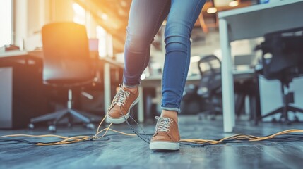 Clumsy office worker stumbles over cable and falls to the floor, illustrating the concept of workplace accidents and the need for insurance compensation coverage in the office environment