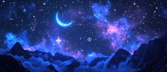 Fototapeta premium Celestial landscape featuring a glowing moon and mystical symbols in a vibrant purple atmosphere