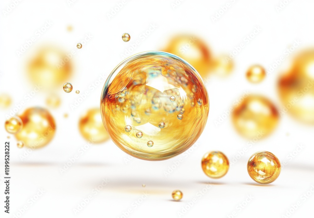 Poster detailed macro image of orange and gold soap bubbles floating lightly against a soft white backgroun