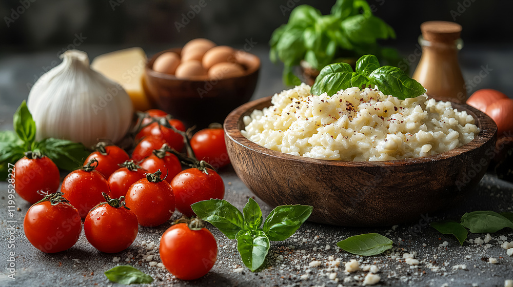 Wall mural Fresh ingredients arranged on a kitchen counter for a delicious meal preparation including rice, tomatoes, and herbs. Generative AI