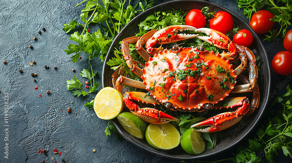 Poster freshly prepared crab served with lime and garnished with herbs and tomatoes on a rustic table. gene