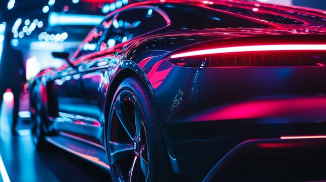 A luxury automotive brand showcasing a concept electric car at an international auto expo, under bright lights,