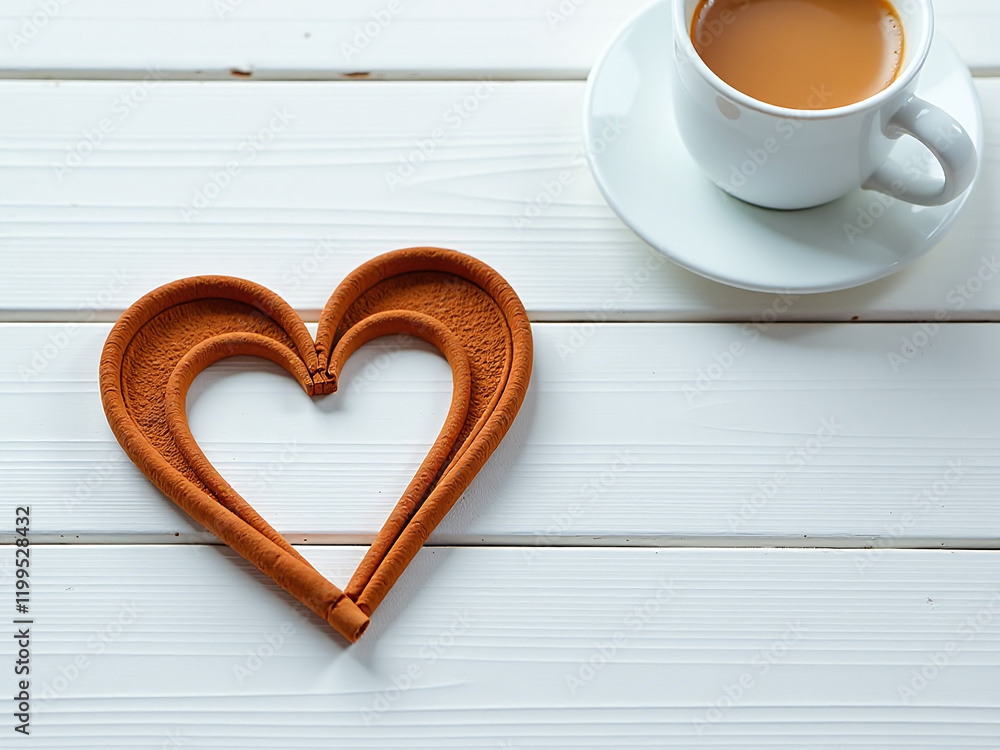 Poster cinnamon heart shape sits on a white wooden table with space for text near a cup of coffee in romant