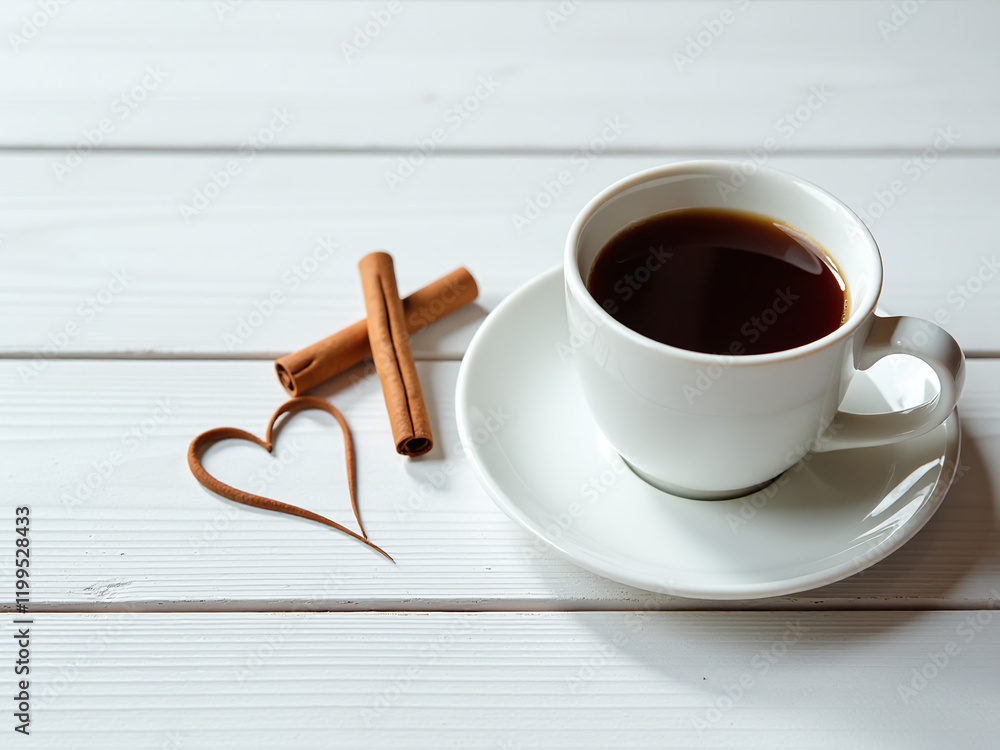 Aufkleber cinnamon heart shape sits on a white wooden table with space for text near a cup of coffee in romant