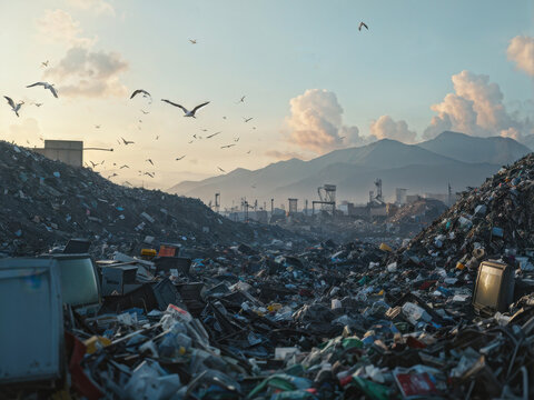 A sprawling landfill site with mountains of trash, seagulls circling overhead, and bulldozers at work, showcasing the scale of modern waste and environmental challenges. Generative AI