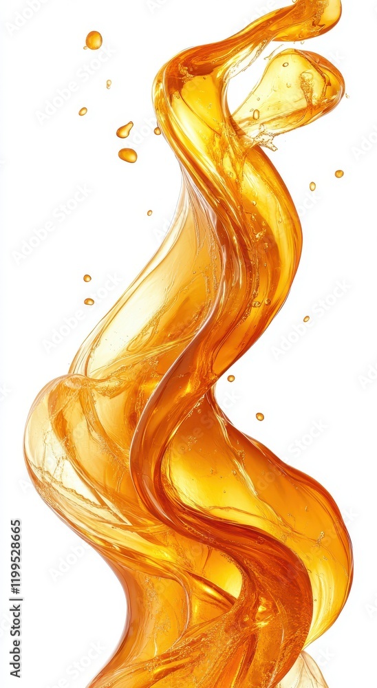Poster dynamic swirl of golden liquid with splash effects on a white background, capturing the essence of f