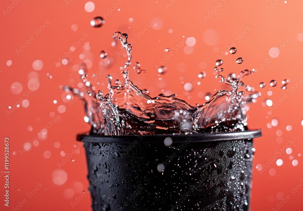 Poster Dynamic Splash of Water in a Black Bucket on Red Background Capturing the Energy and Motion of Water Droplets in a Vibrant and Engaging Composition