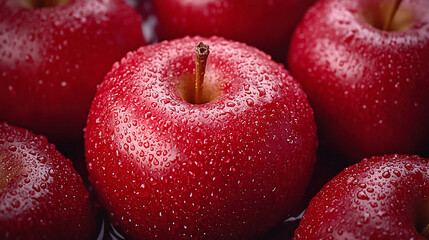 Fresh red apples covered in droplets glisten under soft light in a bowl filled with water. Generative AI