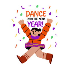 A flat sticker of a happy character doing new year dance