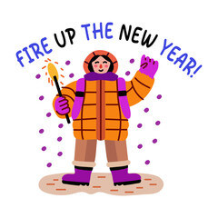A flat sticker of a smiling character with new year sparkler