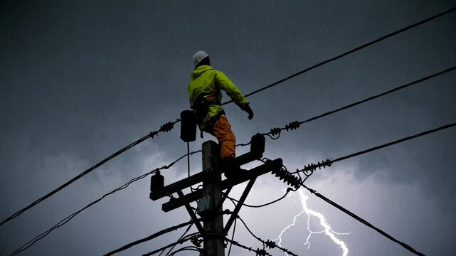 Skilled electrician maintaining high-voltage power line during intense thunderstorm with heavy rain and dramatic lightning strikes surrounding electrical worker