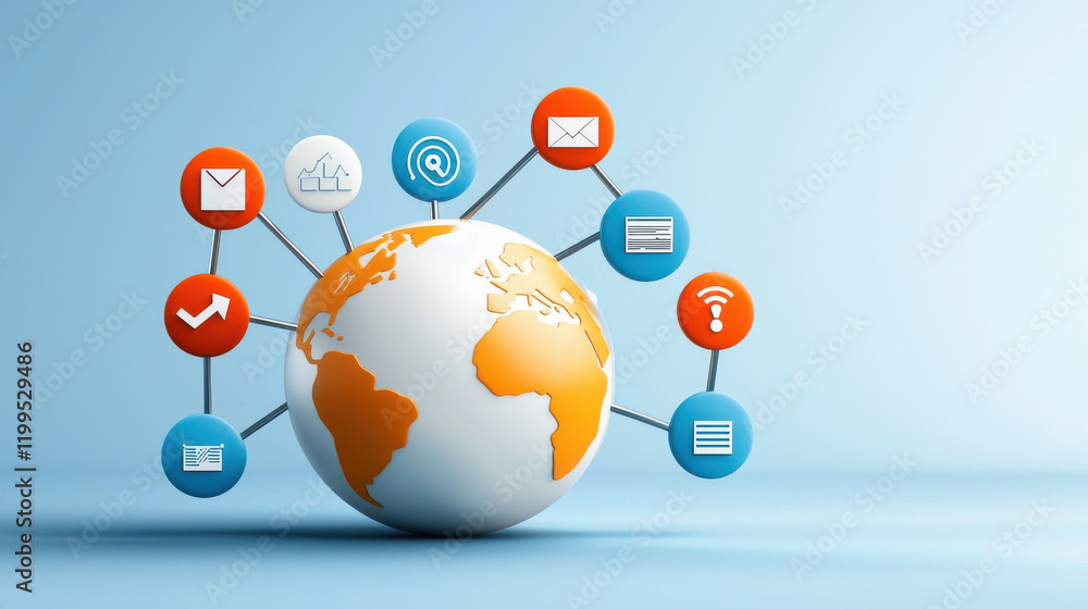 Poster globe with connected icons representing global communication and technology