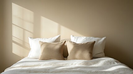 Elegant bed with cozy pillows and light brown background, perfect for text or design elements