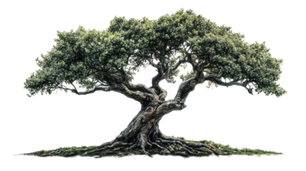 A beautifully detailed illustration of a tree with lush foliage and a gnarled trunk against a white background.