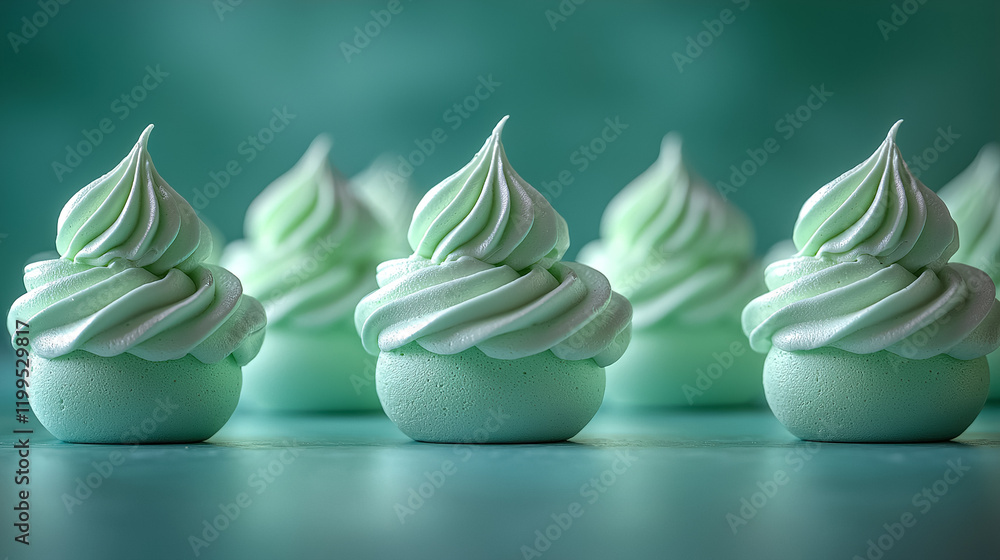 Poster mint green meringue desserts arranged neatly on a turquoise background during a dessert display even