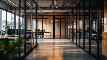 Contemporary Office Hallway with Glass Partitions, Warm Ambient Lighting, and Sleek Design, Highlighting a Professional and Modern Workspace