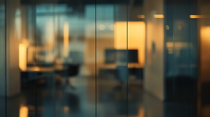 Contemporary Office Hallway with Glass Partitions, Warm Ambient Lighting, and Sleek Design, Highlighting a Professional and Modern Workspace