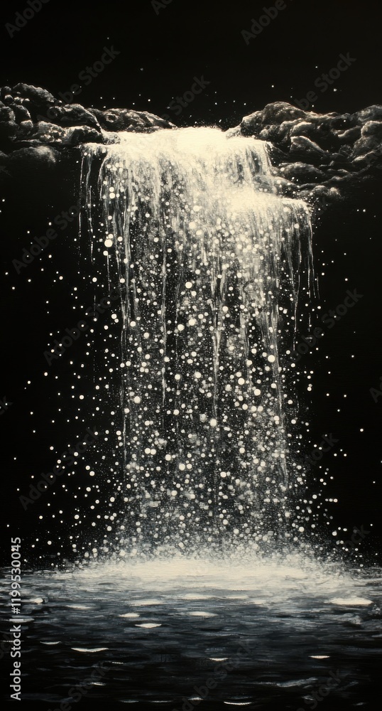 Poster ethereal waterfall cascading down from darkened clouds illuminated by glowing drops of water creatin
